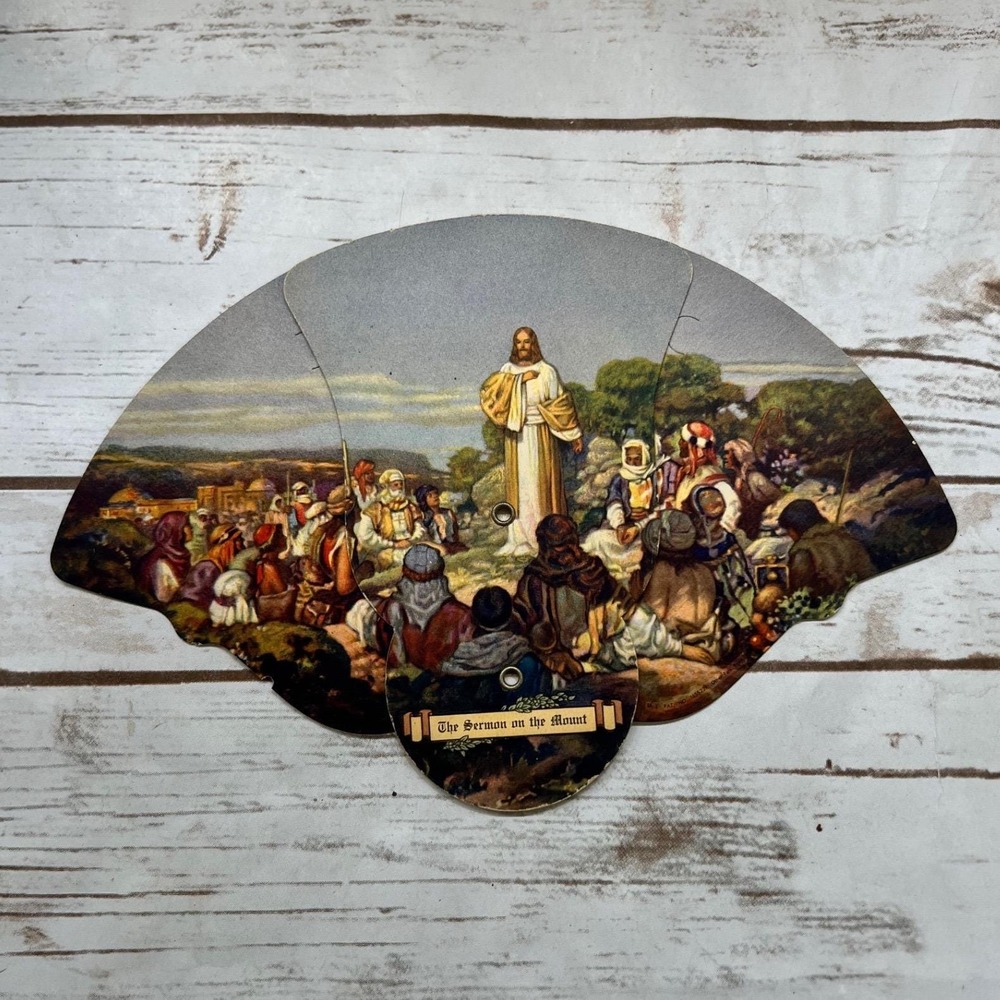 Vintage Collectible Ladies Expandable Cardboard Sermon on the Mount Folding Fan